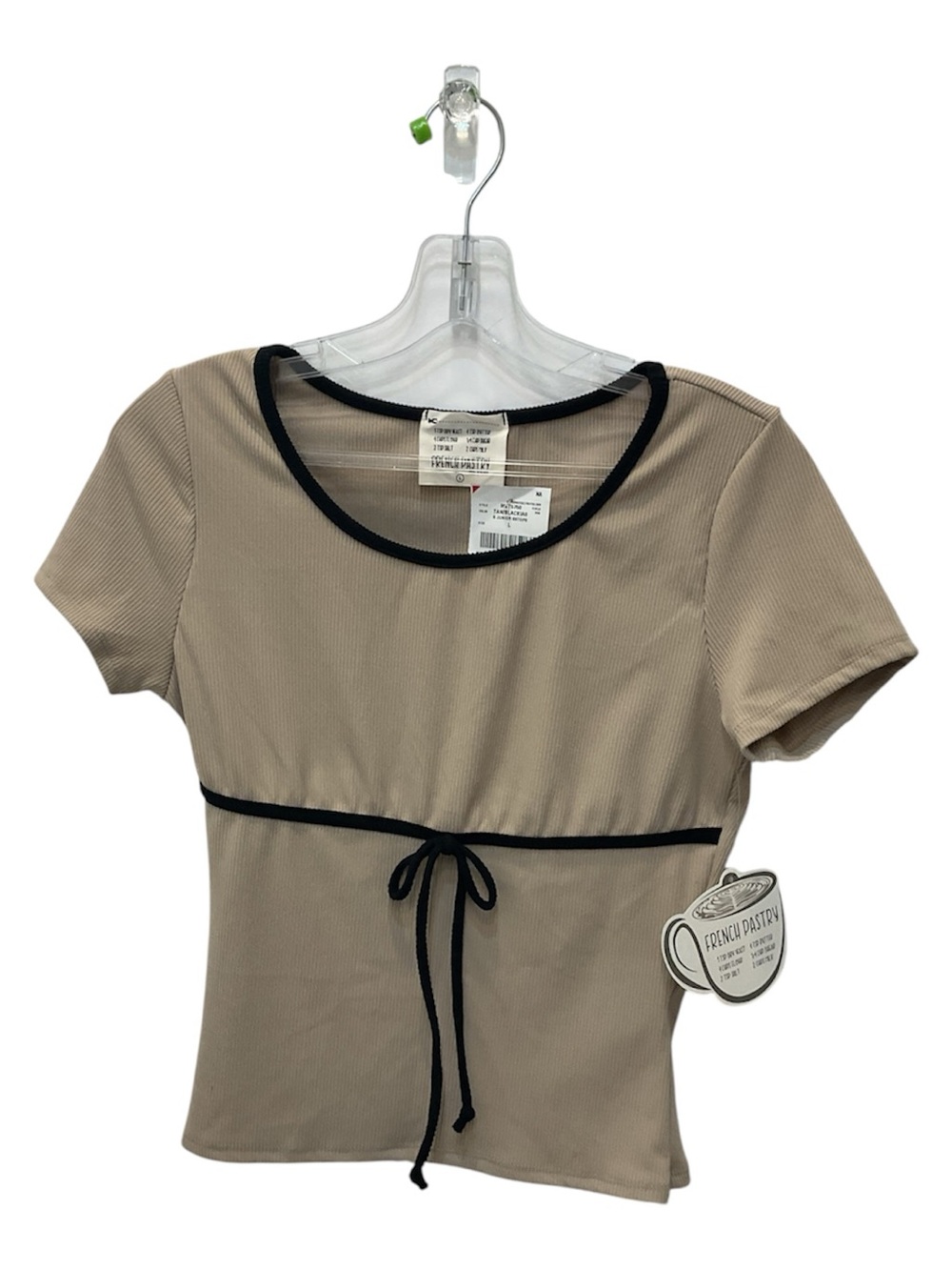 french pastry Beige Short Sleeve Tie-Front Top with Black Trim - Picture 3 of 4